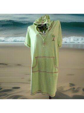 Quacker Factory Womens Hooded Terry Cover Up Size 1X Lime Green Sequin Palm Tree
